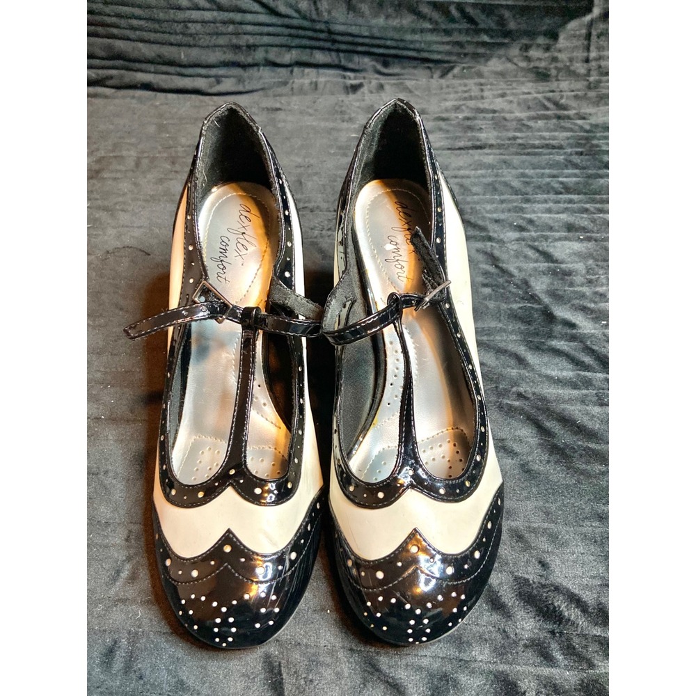 Dexflex Comfort Black Cream Wingtip Mary Jane T-Strap Pumps Heels Size 8 155593